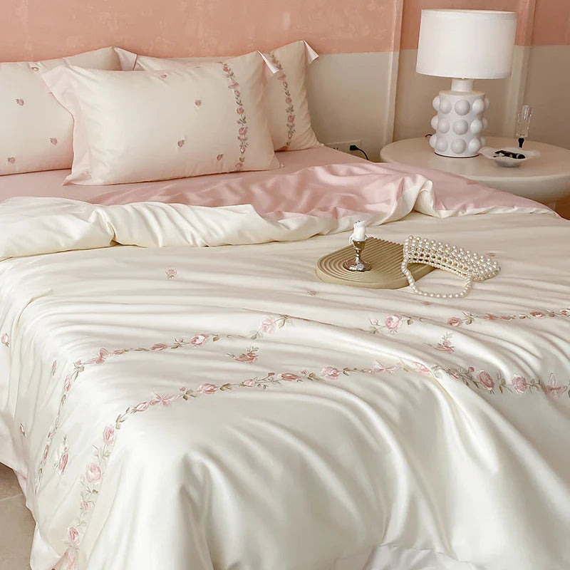 Afralia™ Rose Flowers Embroidery Bedding Set - Soft Lyocell Cotton, Silky Duvet Cover, Sheet, Pillowcases