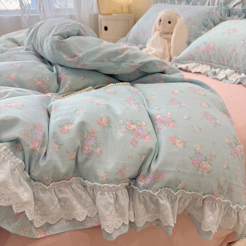 Afralia™ Floral Lace Ruffles Bedding Set in 100% Cotton, Korean Style, Single/Queen/King Size