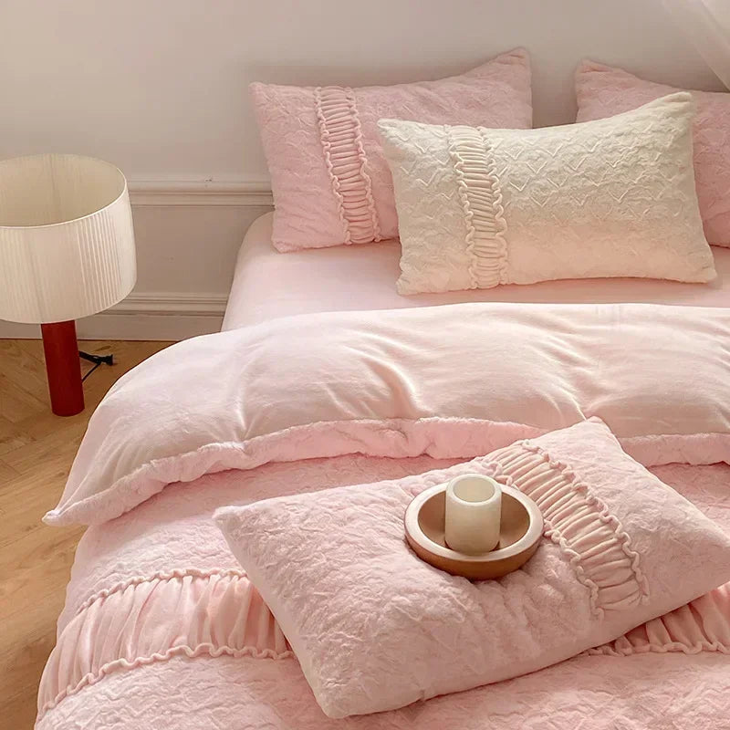 Afralia™ Plush Snow Rabbit Fleece Bedding Set King Size Luxe Winter Duvet Cover Set