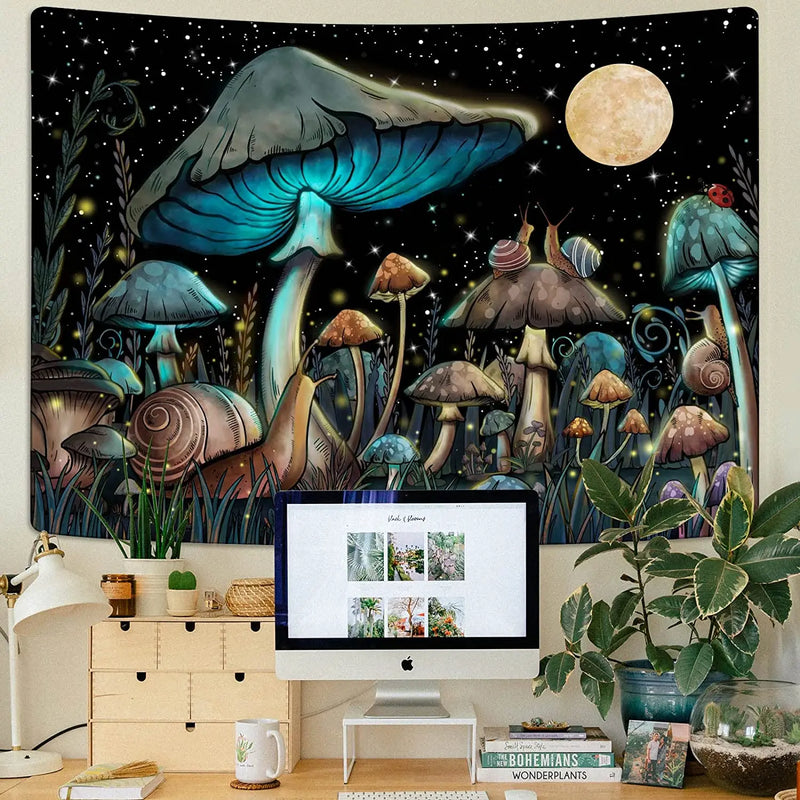 Afralia™ Mushroom Snail Moon Anime Tapestry Cute Dark Nature Wall Hanging