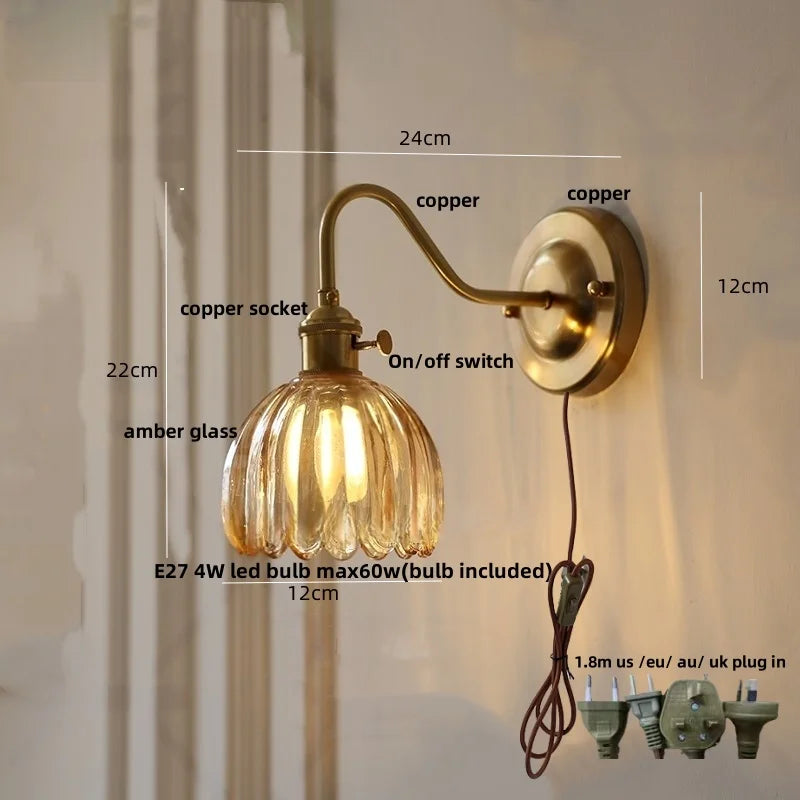 Afralia™ Glass Copper LED Wall Sconce, Modern Kitchen Dining Room Bedside Lamp Wandlamp