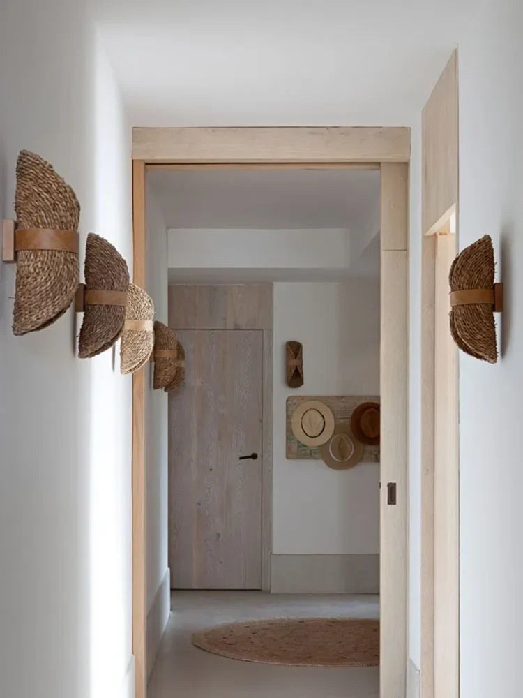 Afralia™ Japanese Wabi-Sabi Ratta Weaving Wall Sconce for Home Decor