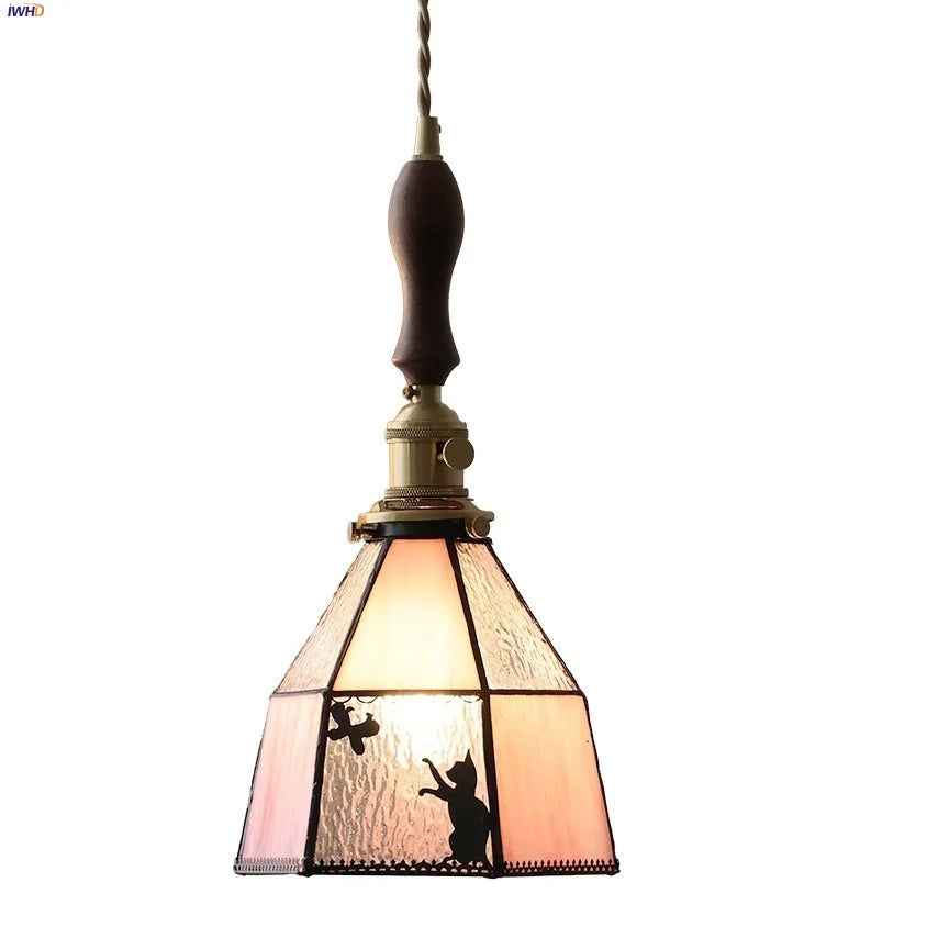 Afralia™ Tiffany Glass LED Pendant Lamp Walnut Knob Switch Vintage Hanging Light