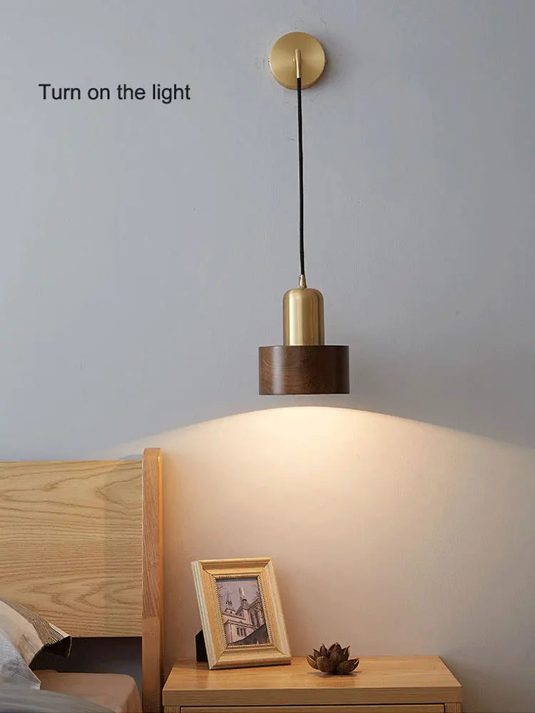 Afralia™ Nordic Walnut Wood Copper Bedroom Wall Lamp