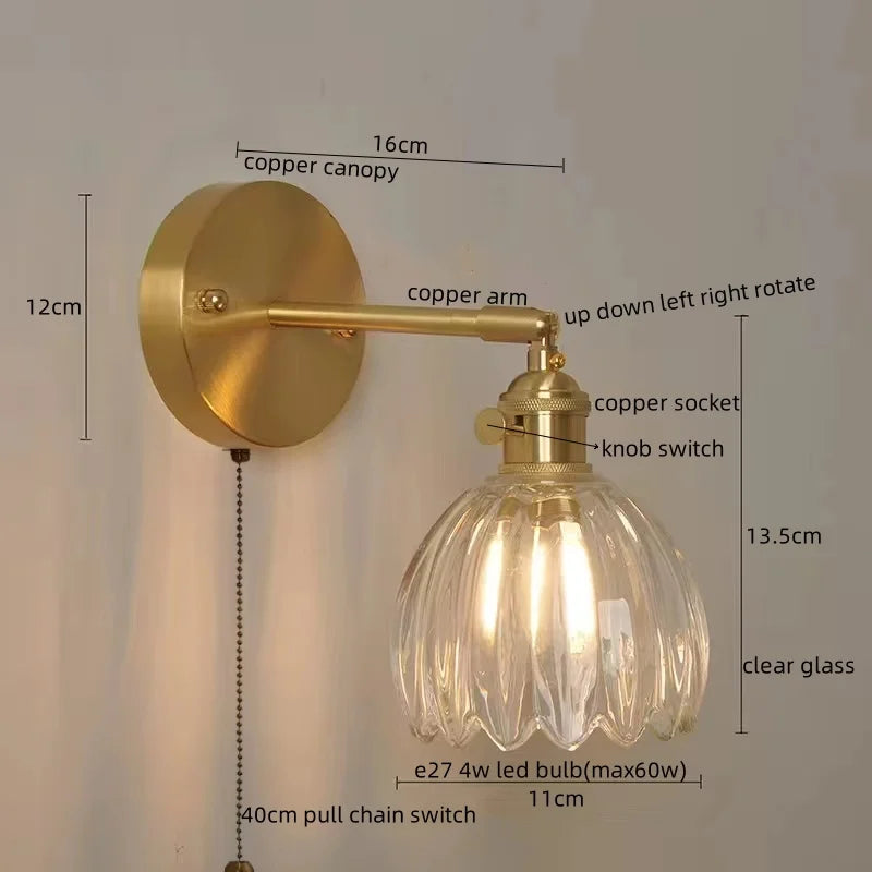 Afralia™ Copper Glass Knob Switch LED Wall Light, Nordic Modern Bedside Lamp
