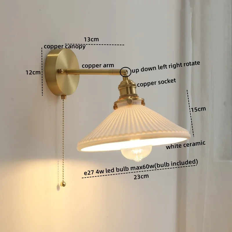 Afralia™ Ceramic LED Wall Light with Pull Chain Switch for Bedroom Bathroom Living Room