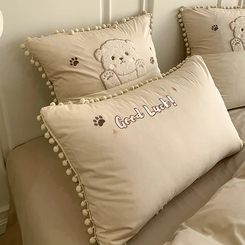 Afralia™ Cartoon Bear Applique 100% Cotton Child Bedding Set - Single Quilt Cover