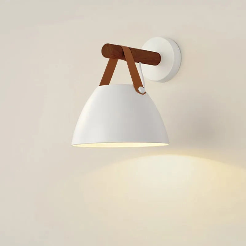 Afralia™ Nordic Wood Leather Belt Wall Lamp for Bedroom Study Living Room