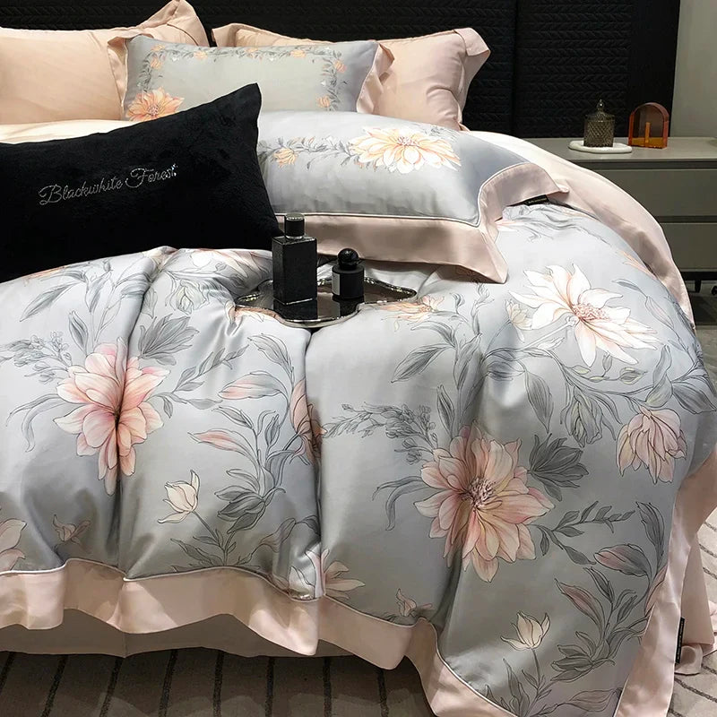Afralia™ Rose Flowers Bamboo Fiber Bedding Set: Soft & Silky, 1 Duvet Cover, 2 Pillowcases, 1 Flat Sheet