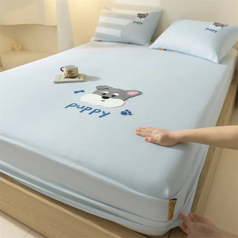 Afralia™ Cartoon Embroidered Fitted Sheet Single Bed Cover, 100% Cotton, All Seasons, Anti-Slip