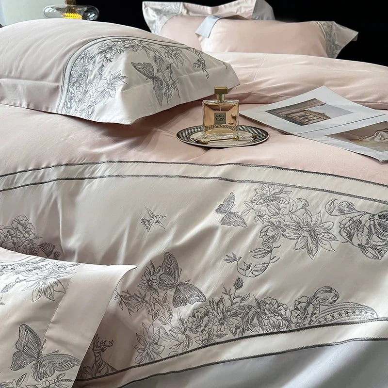 Afralia™ Luxe Butterfly Flowers Embroidery Bedding Set with Duvet Cover Sheet Pillowcases 4Pcs
