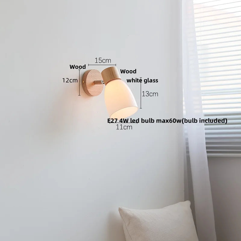 Afralia™ Wood Canopy LED Wall Sconce White Glass Nordic Modern Bedside Lamp