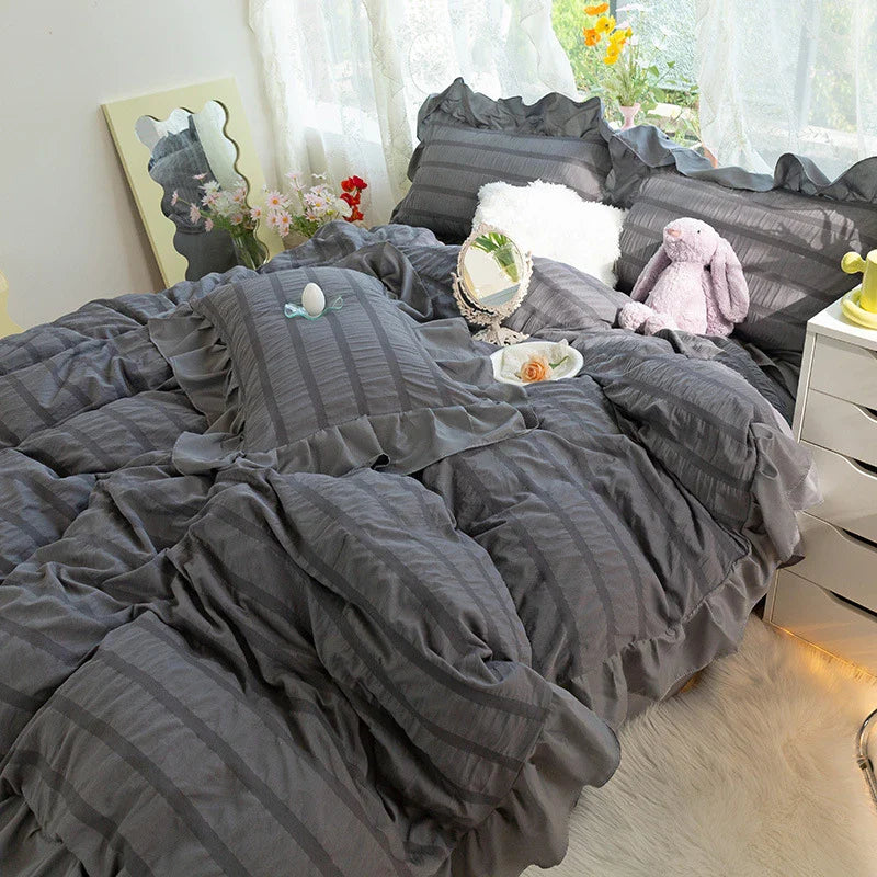 Afralia™ Princess Seersucker Kawaii Bedding Set | Lovely Ruffles Duvet Cover | Soft Comfortable Bed Sets