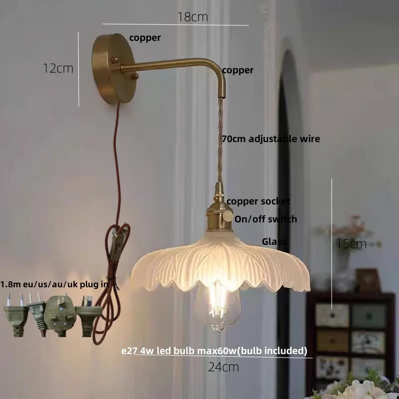 Afralia™ Amber Vintage LED Wall Light Glass Copper Pull Chain Switch Hallway Lamp