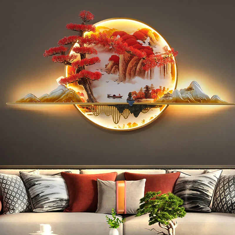 Afralia™ 3D Chinese Pine Landscape Picture Wall Lamp for Home Living Room