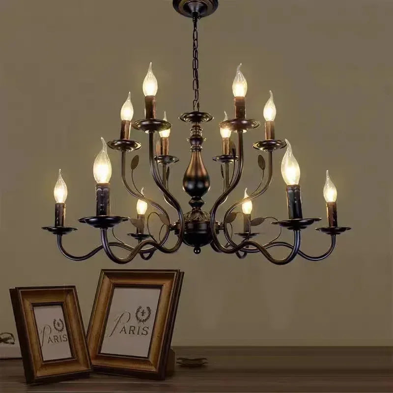 Afralia™ French Candle Chandelier Black Iron Industrial Vintage Farmhouse Lighting