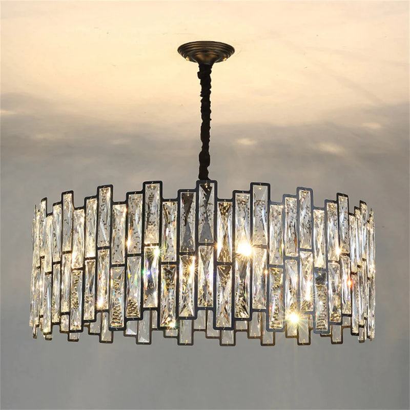 Afralia™ Black Crystal Chandelier: Elegant Round Hanging Lamp for Living Room, Dining Room & Restaurant