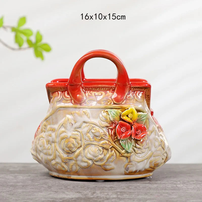 Afralia™ Ceramic Vase Handbag Embossed Flower Arrangement Home Decoration
