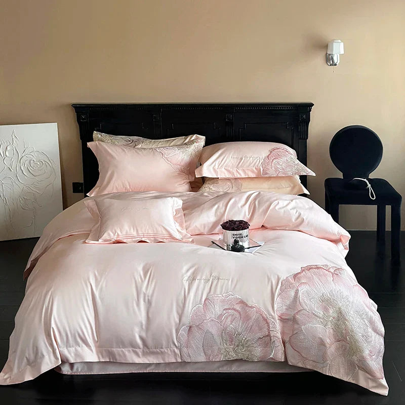 Afralia™ Luxury Pink Blue Champagne Flowers Embroidery Bedding Set 1000TC Egyptian Cotton