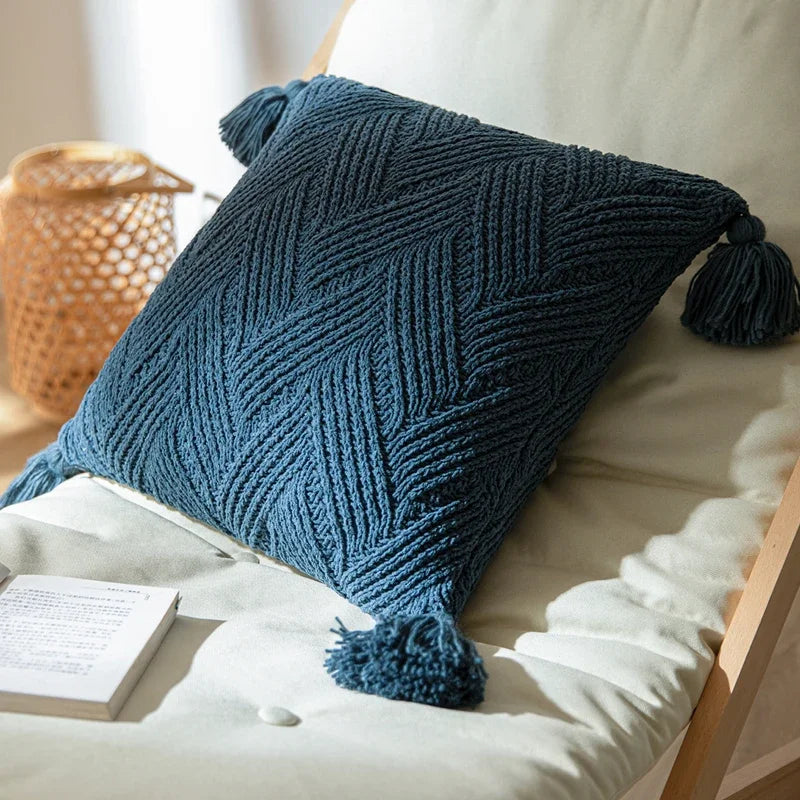 Afralia™ Twill Knit Cushion Cover 45x45cm, Solid Pillow Case with Tassels, Home Decor Square