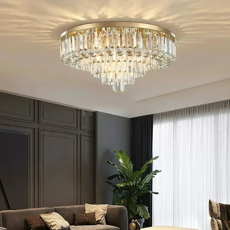 Afralia™ Round Crystal Ceiling Chandelier - Modern Black Gold Living Room Lighting