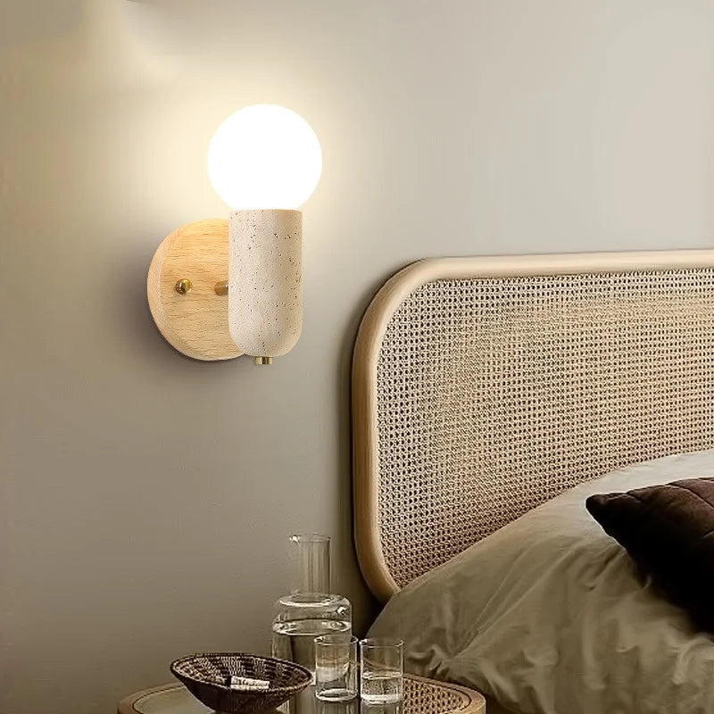 Afralia™ LED Wall Sconce Pull Chain Switch Modern Wood Yellow Travertine Stair Light