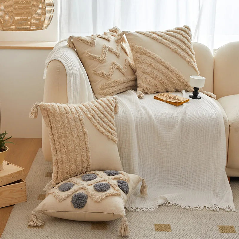 Afralia™ Geometric Tufted Tassel Cushion Cover Cotton Canvas Fall Pillow Cover