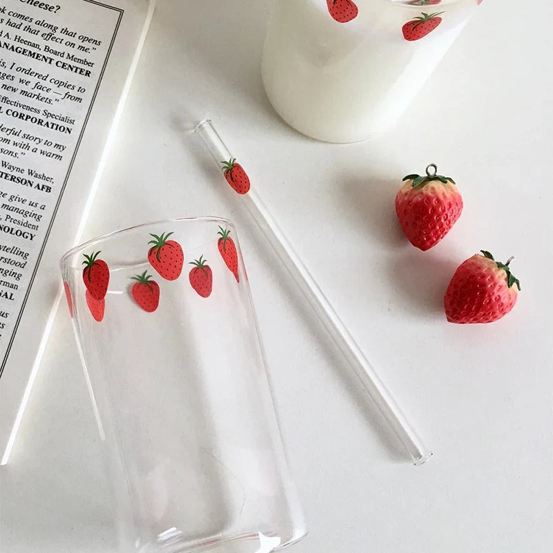 Afralia™ Strawberry Glass Cup 300ml with Straw, Heat Resistant, Transparent, Cute Design