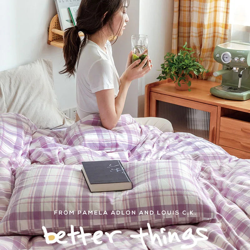 Afralia™ Pure Cotton Check Single Quilt Cover - Luxury Printed Duvet Queen - All Seasons