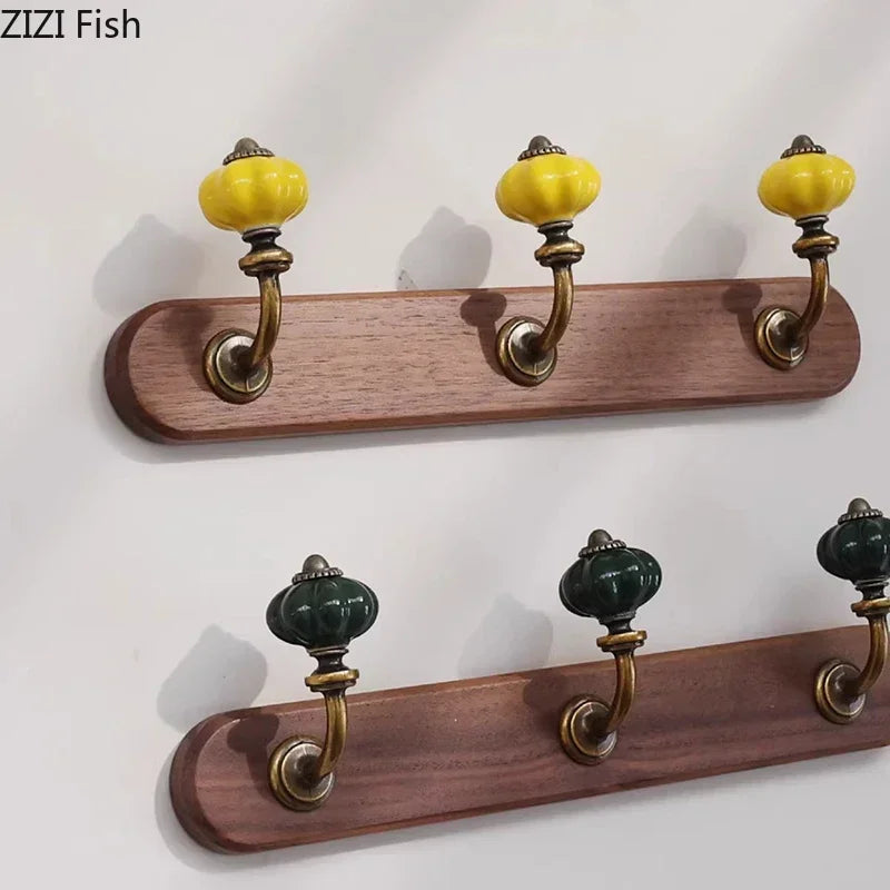 Afralia™ Walnut Wood Multiple Hooks Wall Storage Holder Shelf