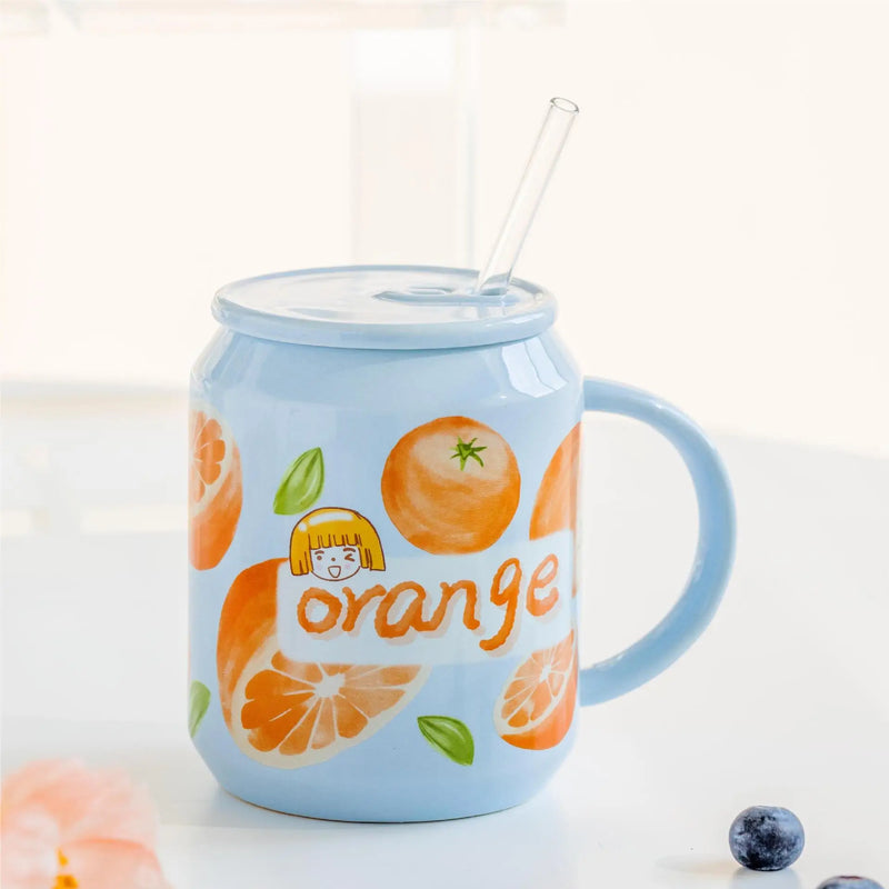 Afralia™ Fruit Shape Ceramic Mug with Lid and Straw, Cute Korean Style Design