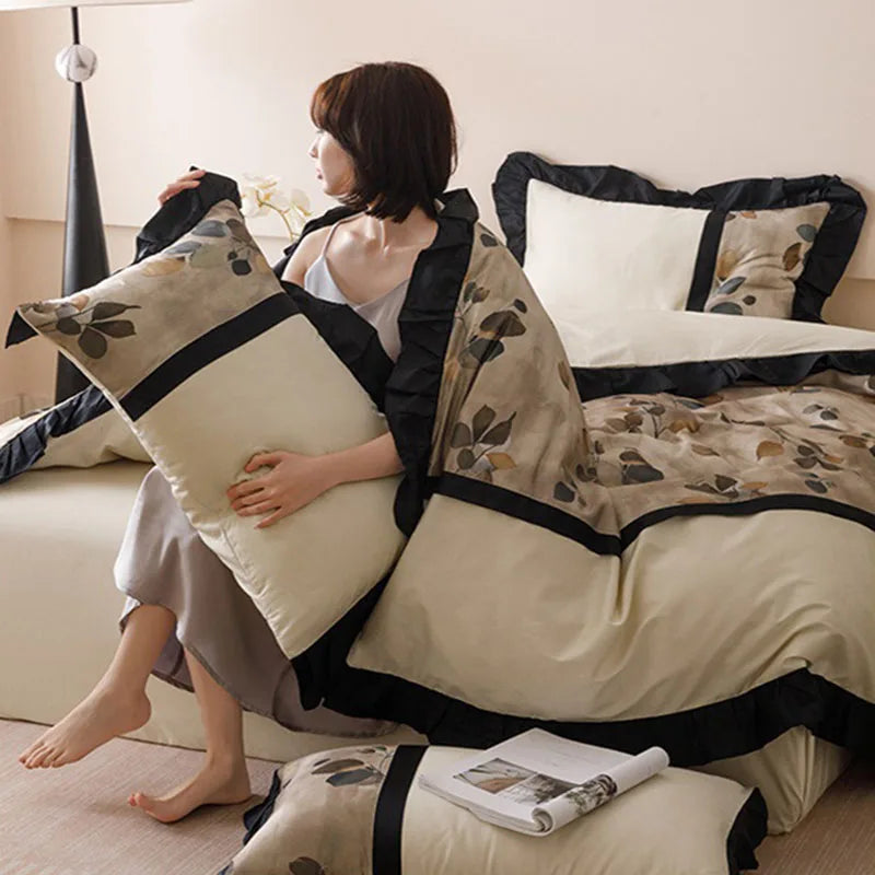 Afralia™ French Retro Rayon Silk Bedding Set with Lace - Summer Cooling Comforter Cover