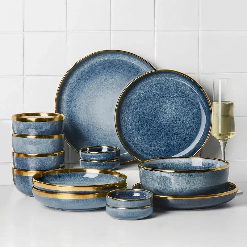 Afralia™ Blue Gradient Ceramic Plate Set - Elegant Dinner & Dessert Plates, Salad Soup Bowl - Luxury Tableware