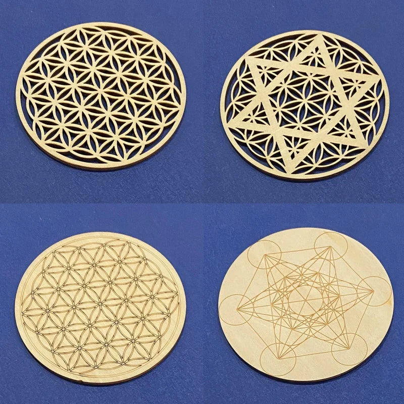 Afralia™ Flower of Life Energy Mat Slice Coasters Set and Wooden Wall Sign