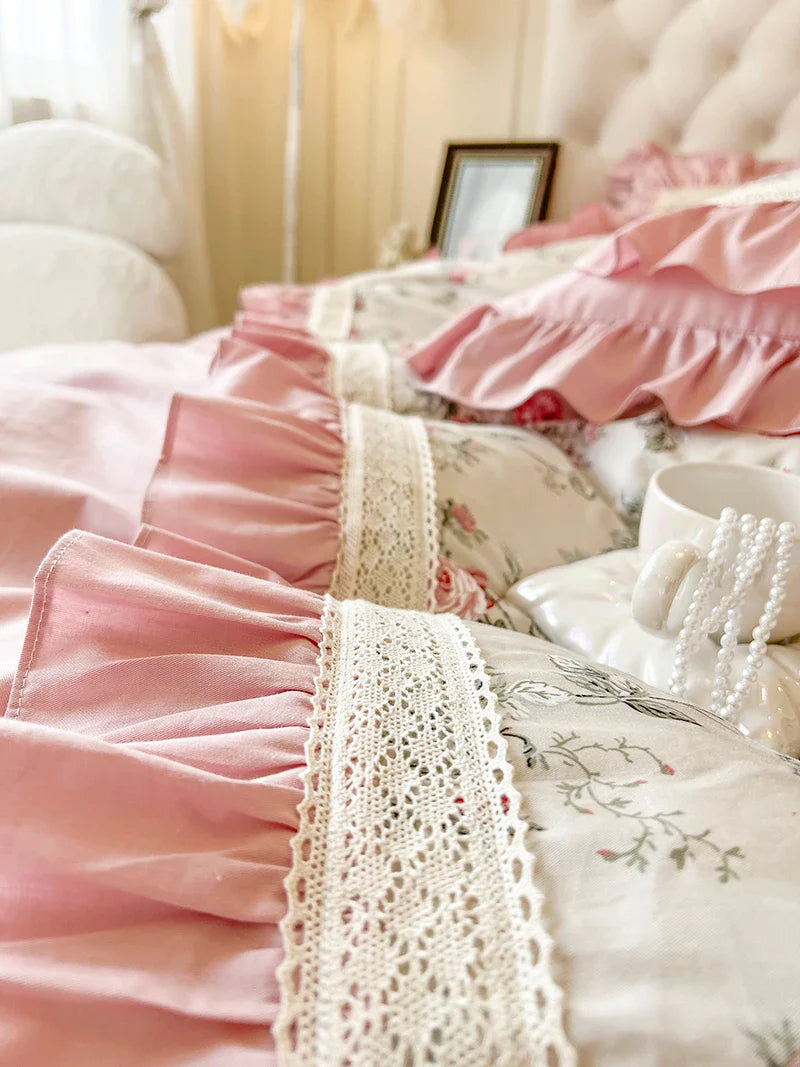 Afralia™ Pink Rose Floral Pleat Lace Ruffles 100% Cotton Bedding Set - Various Bed Sizes