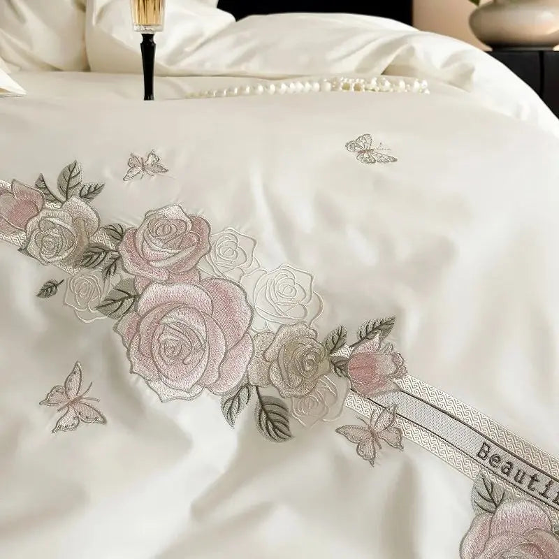 Afralia™ Vintage Rose Butterfly Embroidery Bedding Set 4Pcs