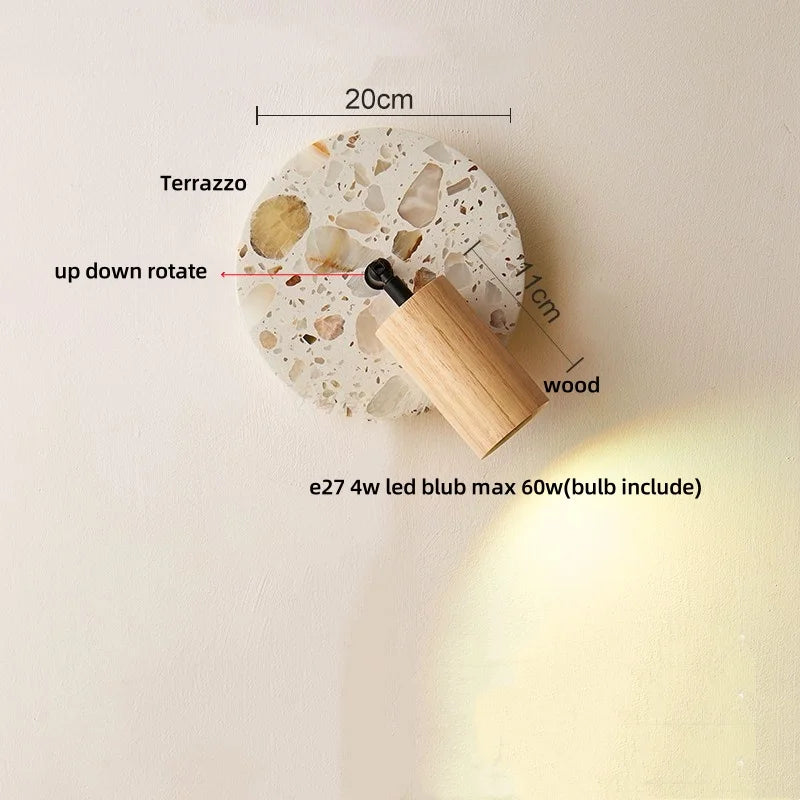 Afralia™ Terrazzo LED Wall Lights Iron Rotate Pull Chain Switch Wood Bedside Lamp