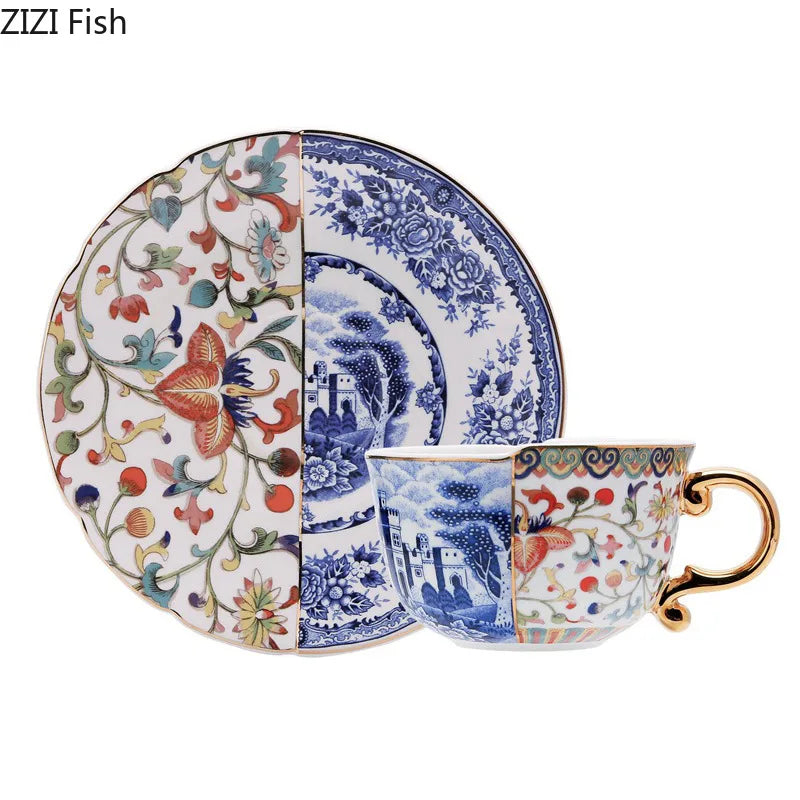 Afralia™ Blue White Porcelain Color Blocked Gilded Coffee Mug Tea Cup Afternoon Dining