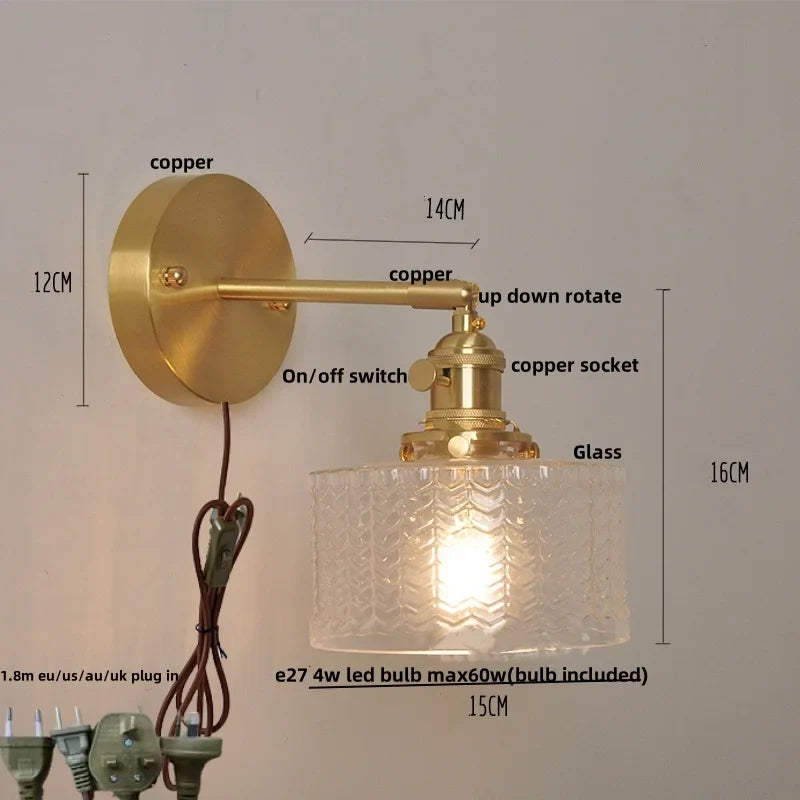 Afralia™ Nordic LED Wall Light Fixture Glass Up Down Rotate Copper Bedside Lamp