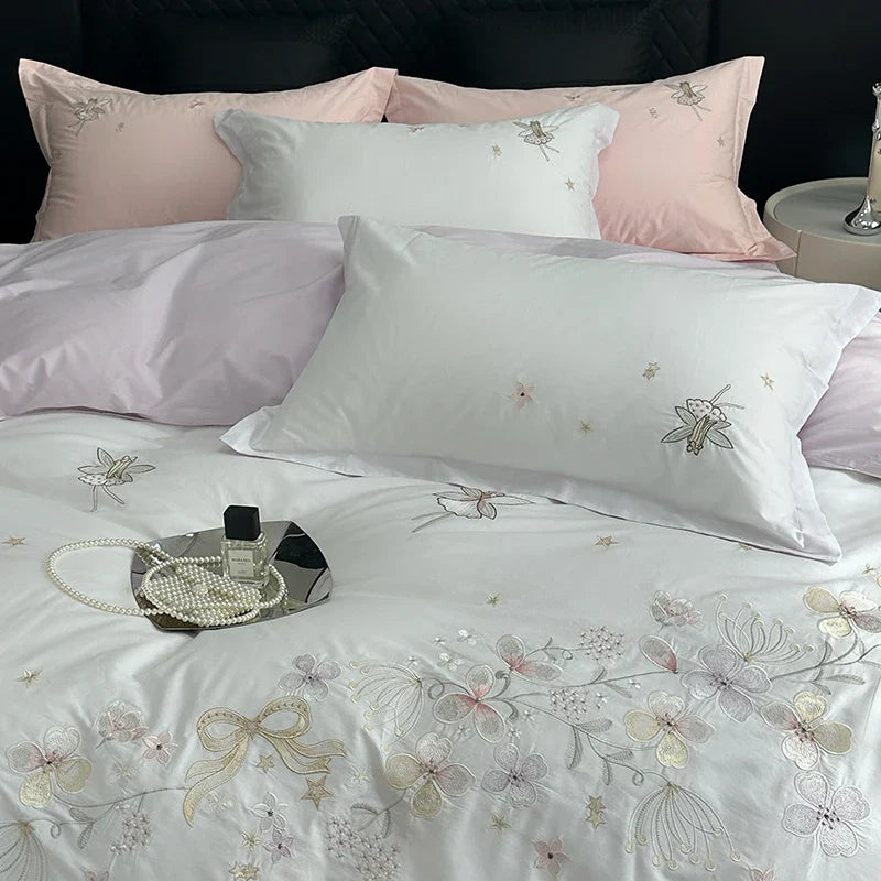 Afralia™ Princess Flower Bow Angel Embroidery Bedding Set