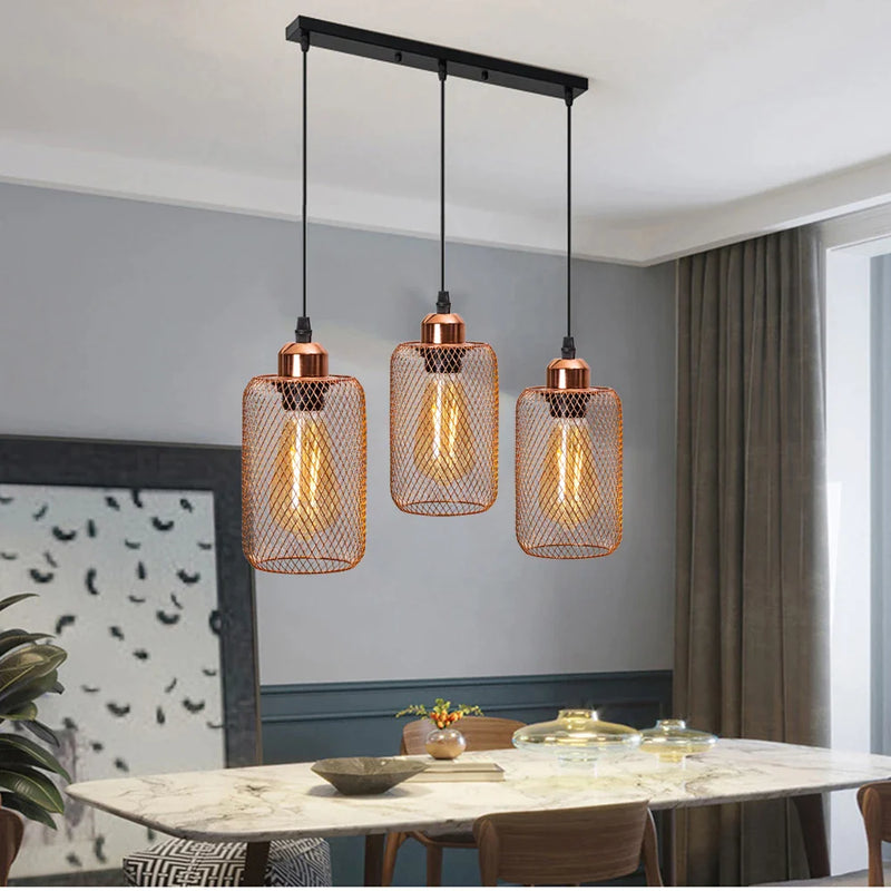 Afralia™ Rose Gold Metal Cage Pendant Lamp with E27 Bulb Socket