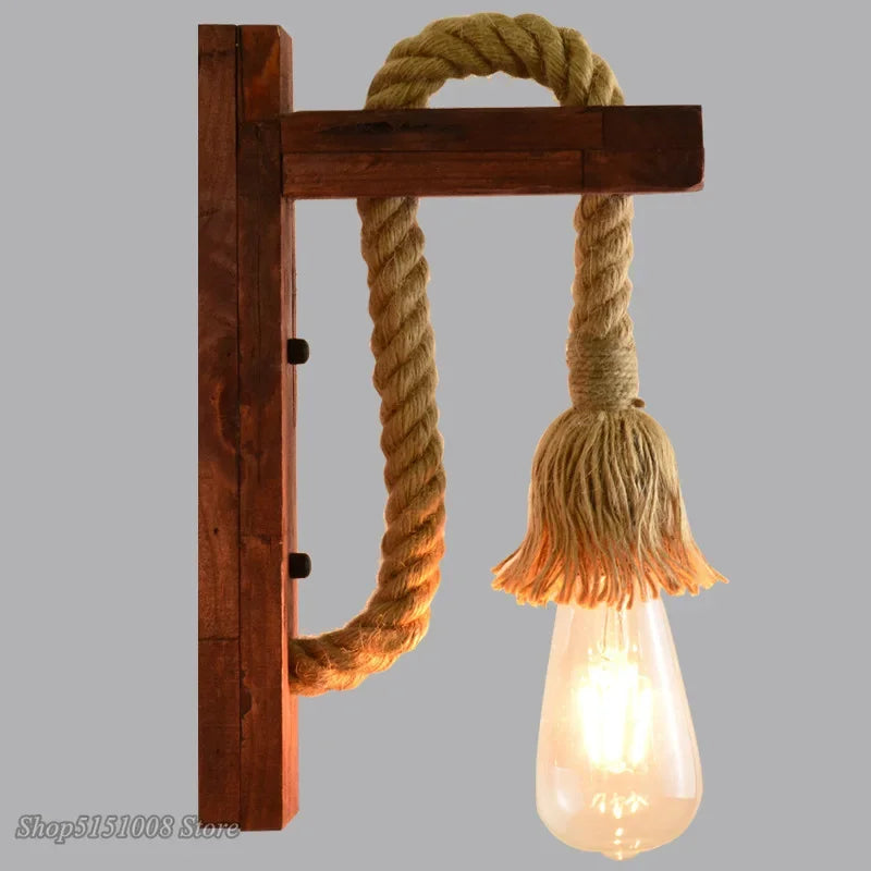 Afralia™ Hemp Rope Wall Lamp Wood Sconce E27 Industrial Indoor Outdoor Light