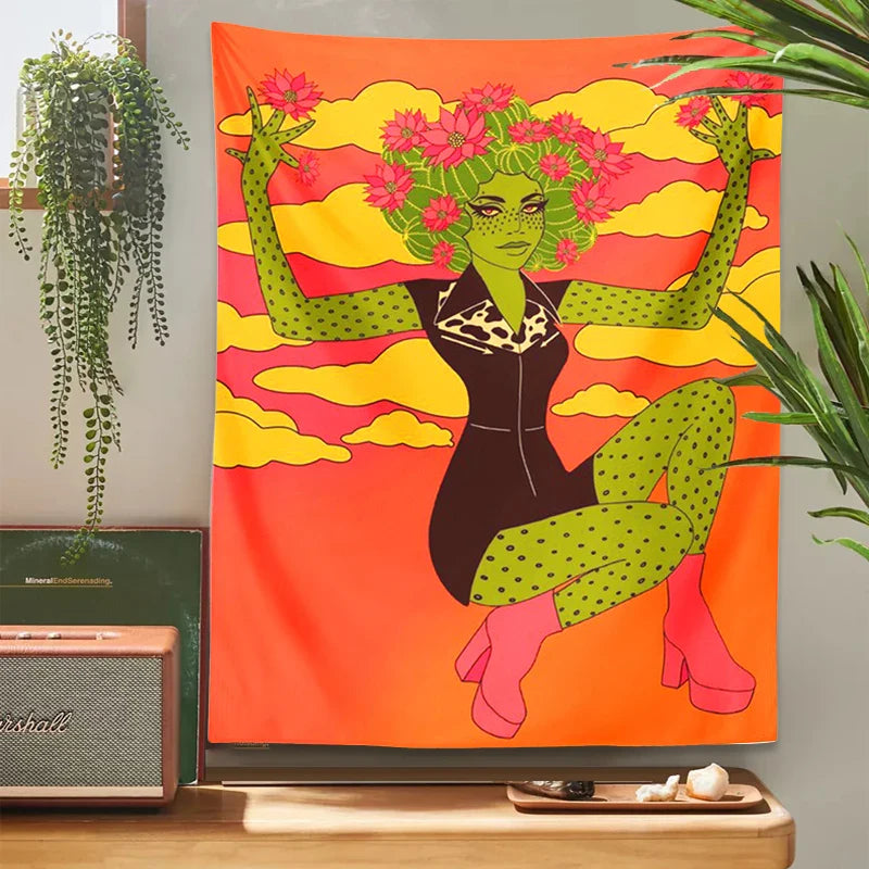 Afralia™ Cactus Girl Tapestry Wall Hanging 60s Flower Psychedelic Retro Boho Decor