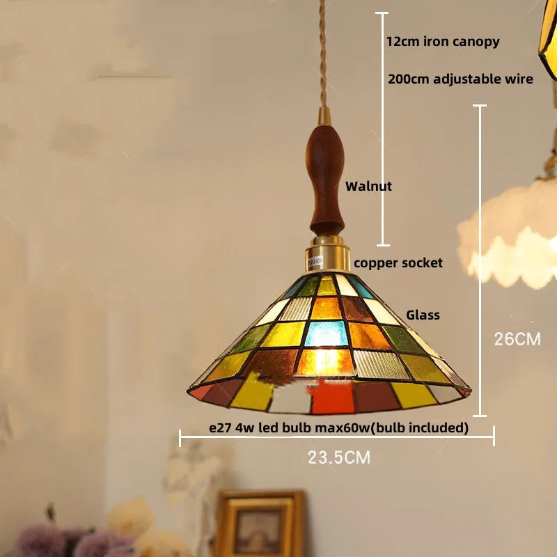 Afralia™ Glass LED Pendant Light Fixture Walnut Wood Copper Hanging Lamp