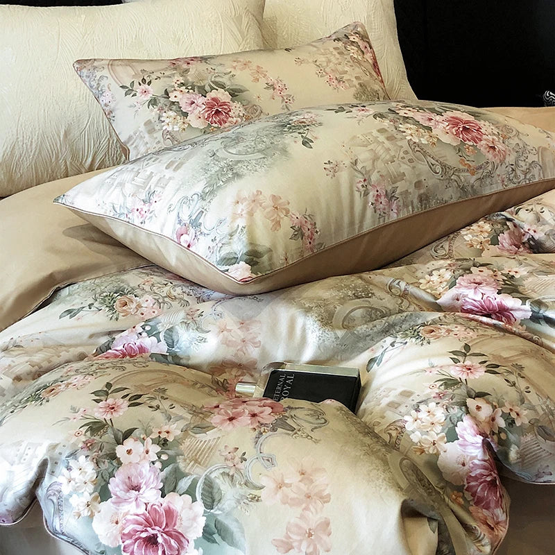 Afralia™ 1000TC Vintage Flowers Print Bedding Set with Duvet Cover, Sheet, Pillowcases