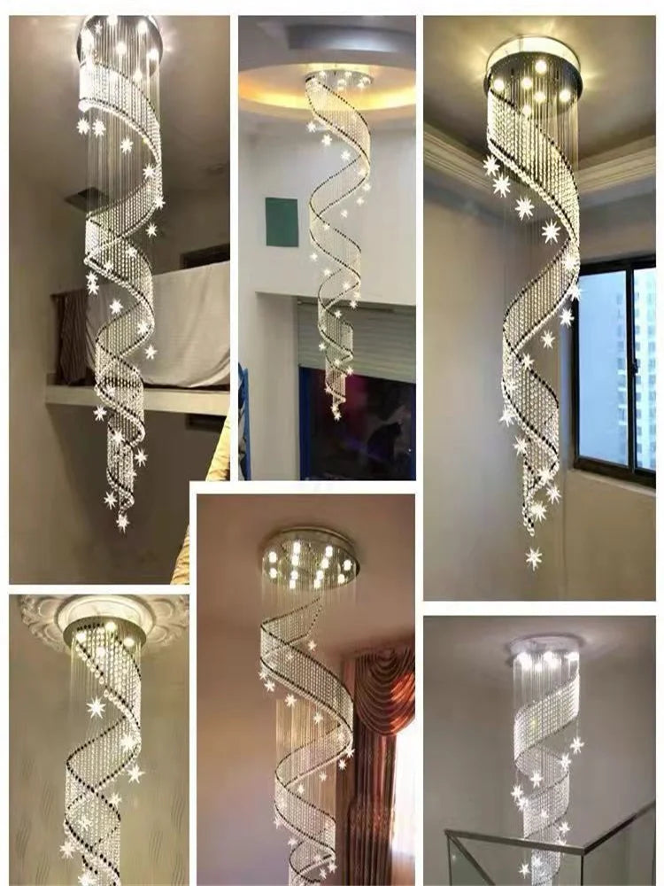 Afralia™ Spiral Moon & Star Crystal Chandelier: Modern Lobby & Stair Lighting Option