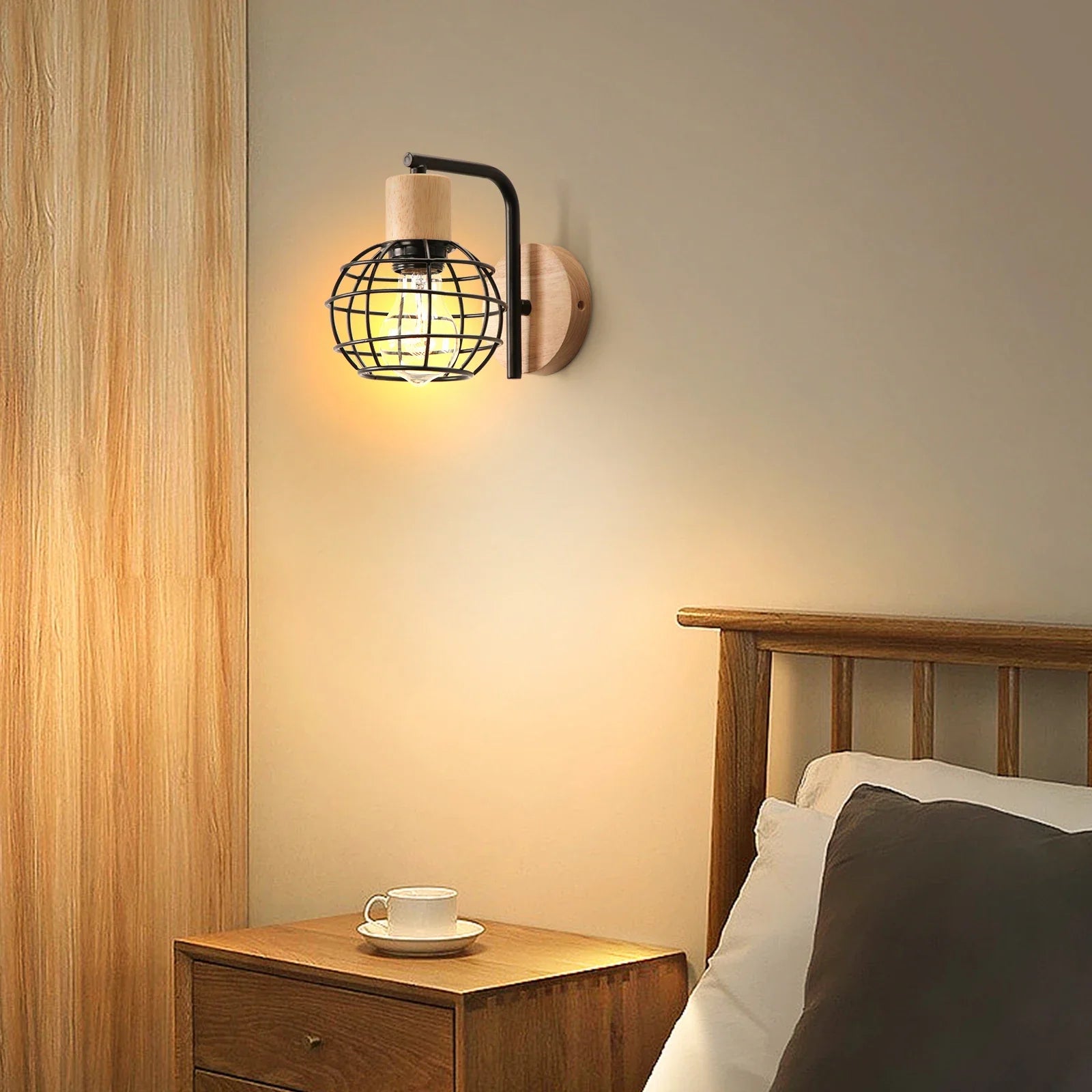 Afralia™ Iron Wood Wall Lamp Shade: Nordic Indoor Sconce for Bedroom, Living Room, Restaurant