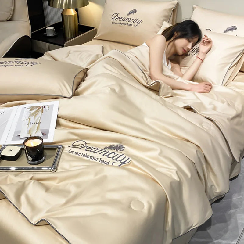 Afralia™ Embroidered Ice Silk Summer Quilt Set with Pillowcases