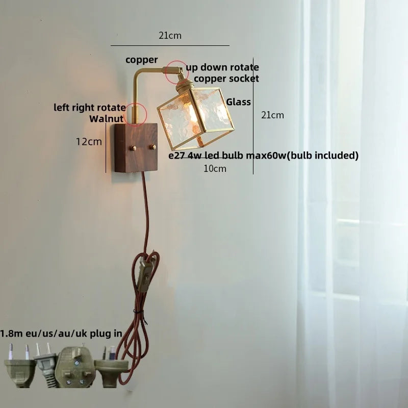Afralia™ Walnut LED Wall Lights Pull Chain Switch Bedside Lamp Vintage Cube Glass Stair Light