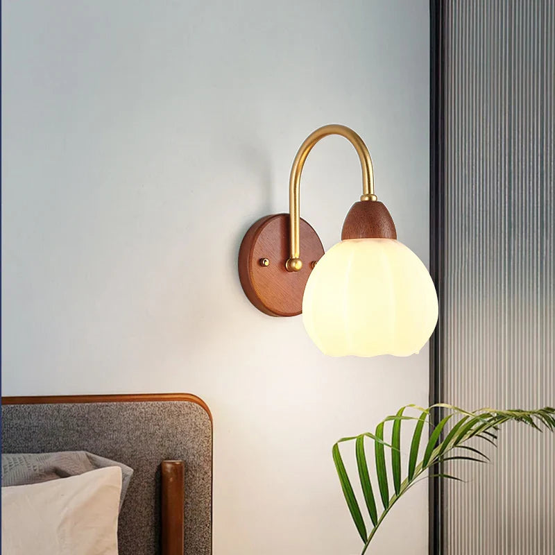 Afralia™ Wood Glass LED Wall Light Modern Bedside Lamp for Living Room & Bedroom